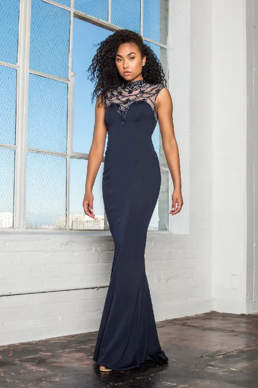 Party Dresses with Pleated Tulle Skirt and Sequined Geometric Shapes and Lace Overlay for Ladies' Princess and Feminine LookProm Formal Dress Beaded High Neck Evening Gown