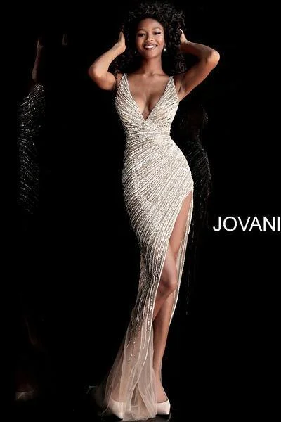 Party Dresses with Tassel Hem and Metallic Lace for Ladies' Boho and Luxurious LookJovani 63405 Sleeveless V-Neck Open Back Long Dress Party Dresses with Tassel Hem and Metallic Lace for Ladies' Boho and Luxurious LookJovani 63405 Sleeveless V-Neck Open Back Long Dress