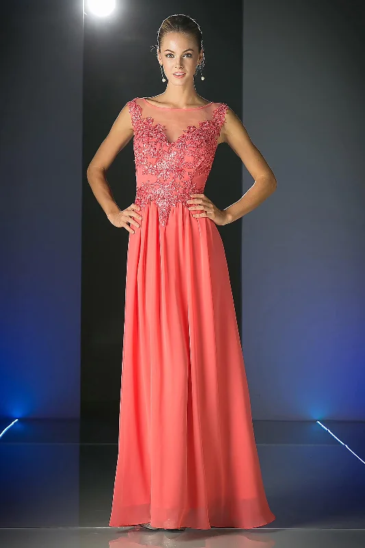 Party Dresses with Metallic Sequined Bodice and Chiffon Skirt and Sheer Back for Ladies' Glamorous and Sexy LookCinderella Divine CF005 Lace Bodice Scoop Neck Evening Prom Long Dress