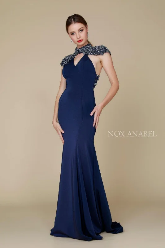 Party Dresses with Sequined Stripes and Sheer Back for Ladies' Bold and Sexy LookLong Beaded Coverlet Evening Gown Prom Dress Navy Blue Party Dresses with Sequined Stripes and Sheer Back for Ladies' Bold and Sexy LookLong Beaded Coverlet Evening Gown Prom Dress Navy Blue