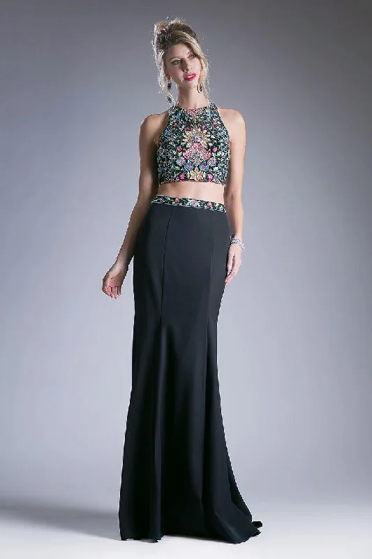 Party Dresses with Tassel Hem and Metallic Lace for Ladies' Boho and Luxurious LookCinderella Divine C80312 Long Halter Prom Two Piece Floral Formal Dress Party Dresses with Tassel Hem and Metallic Lace for Ladies' Boho and Luxurious LookCinderella Divine C80312 Long Halter Prom Two Piece Floral Formal Dress