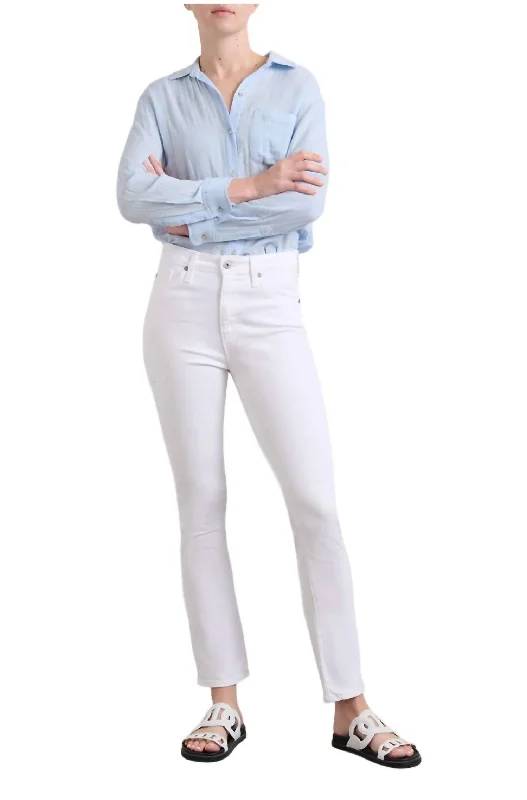 Denim jeans for a date when styled with a cute top and heels for a romantic lookMari Hi Rise Straight Jean In White
