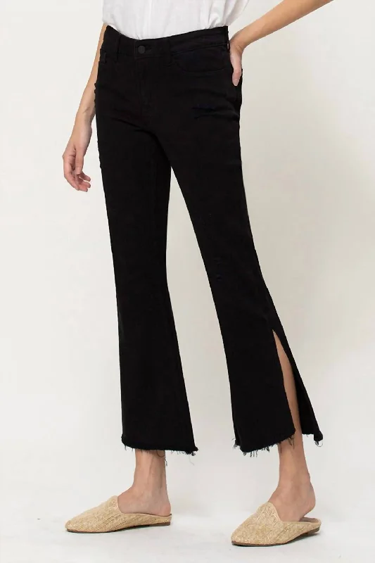 Denim jeans for a gardening task to protect against scratches and dirtMid Rise Crop Flare Jean With Side Slit In Black