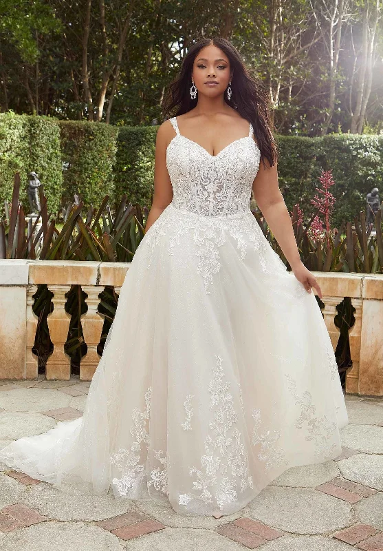 Wedding Dresses with Embroidered Birds and Sequined Floral Motifs and Satin and Lace Combo and Bow at the Waist for a Nature Inspired and Romantic LookMorilee 3366 - Size 24W