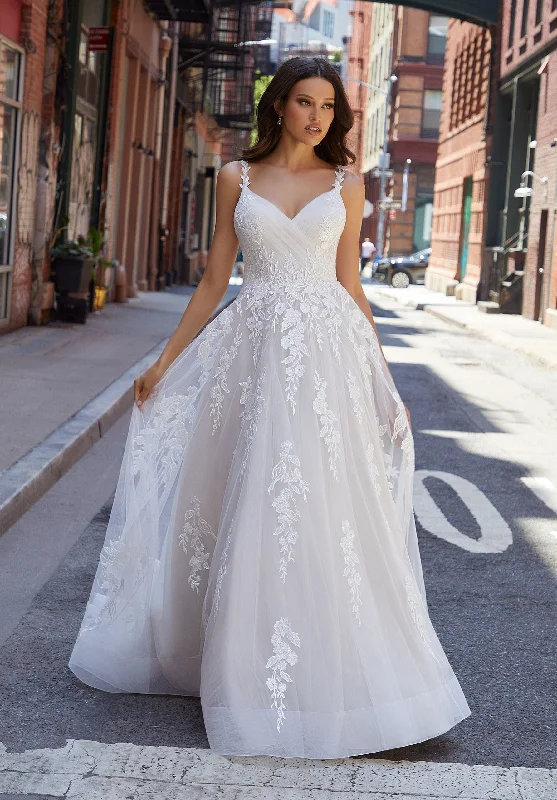 Wedding Dresses with Beaded Floral Wreath on the Bodice and High Low Hem and Belt for a Delicate and Dramatic LookMorilee 4113 - Size 12 Wedding Dresses with Beaded Floral Wreath on the Bodice and High Low Hem and Belt for a Delicate and Dramatic LookMorilee 4113 - Size 12