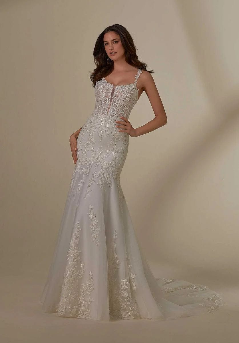 Wedding Dresses with Sequined Geometric Shapes and Lace and Chiffon Blend and Ruffled Sleeves and Belt and Embroidered Skirt for a Modern and Dramatic LookMorilee 4132 - Size 10