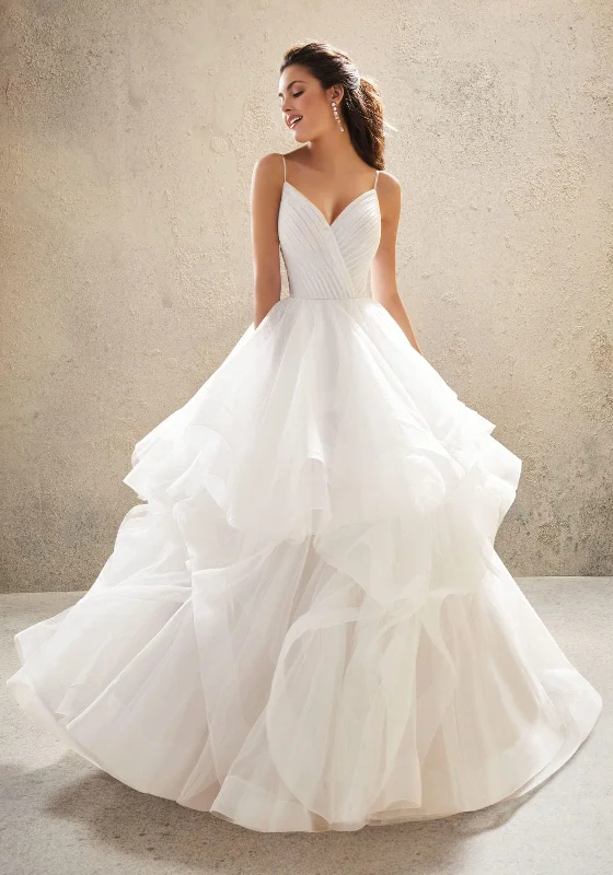 Wedding Dresses with Satin Trimmed Collar and Bow Back and Embroidered Skirt and Sequined Bodice and Belt and Embroidered Floral Patterns for a Classic and Glamorous LookMorilee 5776 - Size 12 Wedding Dresses with Satin Trimmed Collar and Bow Back and Embroidered Skirt and Sequined Bodice and Belt and Embroidered Floral Patterns for a Classic and Glamorous LookMorilee 5776 - Size 12