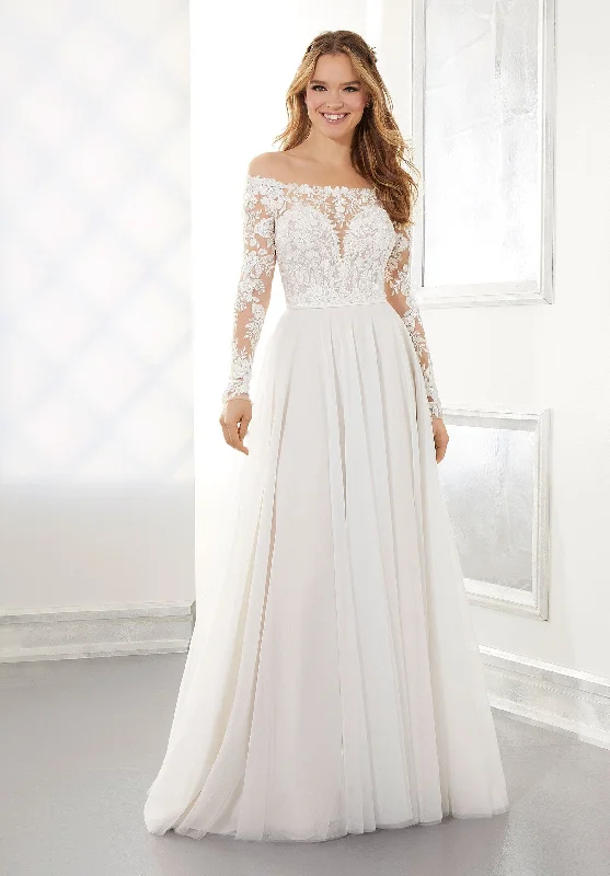 Wedding Dresses with Rhinestone Embellishments and Sheer Sleeves and Tulle Skirt for a Luxurious and Alluring LookMorilee Ashley - Size 12 Wedding Dresses with Rhinestone Embellishments and Sheer Sleeves and Tulle Skirt for a Luxurious and Alluring LookMorilee Ashley - Size 12