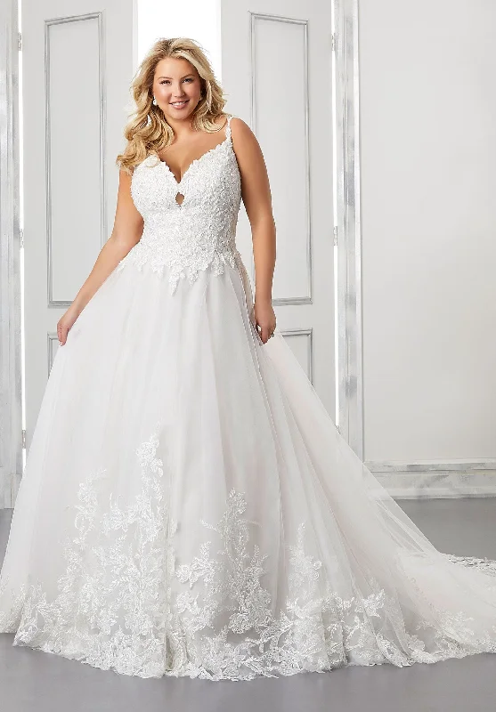 Wedding Dresses with Tulle Overlay and Beaded Bodice and High Low Hem and Embroidered Birds for a Dramatic and Graceful LookMorilee Britannia 3313 - Size 24 Wedding Dresses with Tulle Overlay and Beaded Bodice and High Low Hem and Embroidered Birds for a Dramatic and Graceful LookMorilee Britannia 3313 - Size 24