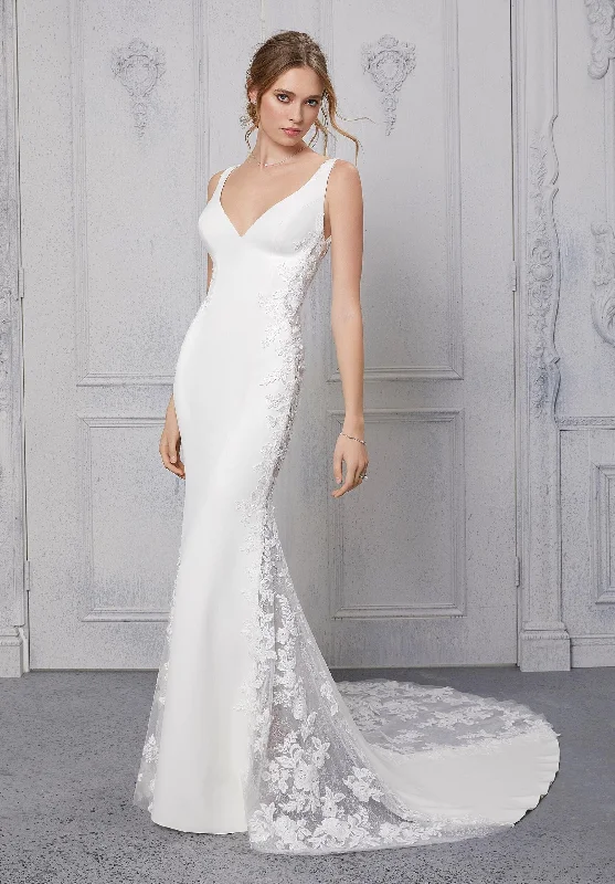 Wedding Dresses with Sheer Sleeve and Sequined Cuffs and Embroidered Bodice and Bow at the Waist for an Elegant and Sparkly LookMorilee Carrie - Size 10 Wedding Dresses with Sheer Sleeve and Sequined Cuffs and Embroidered Bodice and Bow at the Waist for an Elegant and Sparkly LookMorilee Carrie - Size 10