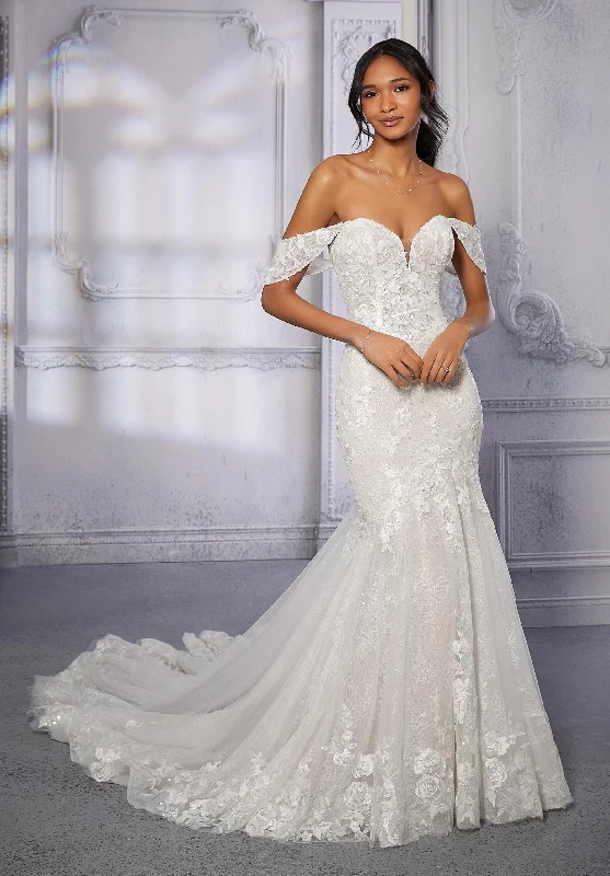Wedding Dresses with Sequined Star Motifs and Sheer Sleeve and Ruffled Hem and Belt for a Celestial and Elegant LookMorilee Circe - Size 14 Wedding Dresses with Sequined Star Motifs and Sheer Sleeve and Ruffled Hem and Belt for a Celestial and Elegant LookMorilee Circe - Size 14