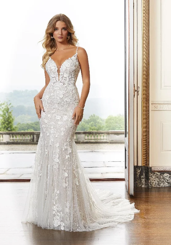 Wedding Dresses with Satin and Lace Trimmed Neckline and Ruffled Sleeves and Embroidered Skirt and Bow at the Back and Belt for a Sophisticated and Girly LookMorilee Desiree 2403 - Size 18 Wedding Dresses with Satin and Lace Trimmed Neckline and Ruffled Sleeves and Embroidered Skirt and Bow at the Back and Belt for a Sophisticated and Girly LookMorilee Desiree 2403 - Size 18
