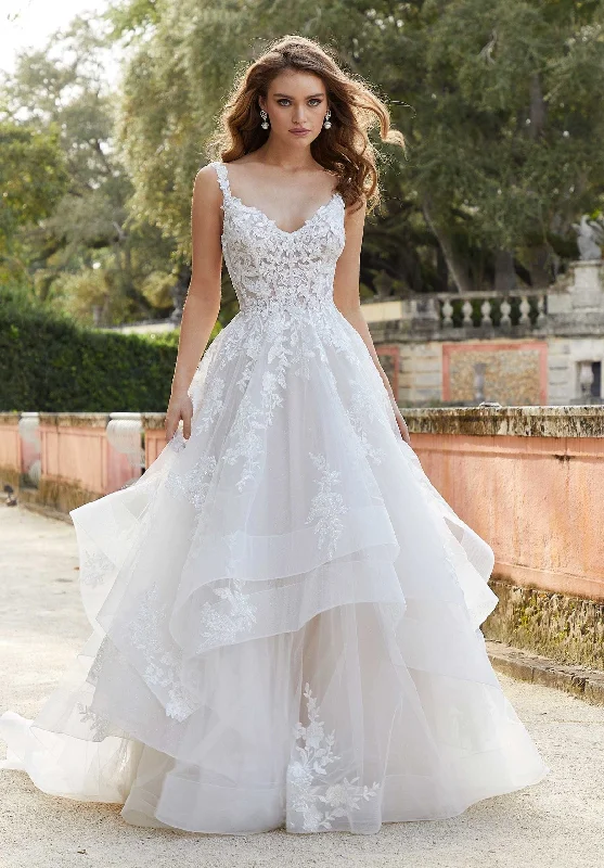 Wedding Dresses with Embroidered Stars and Sequined Dots and Sheer Sleeve and Belt and Embroidered Floral Patterns for a Celestial and Playful LookMorilee Faustina - Size 10 Wedding Dresses with Embroidered Stars and Sequined Dots and Sheer Sleeve and Belt and Embroidered Floral Patterns for a Celestial and Playful LookMorilee Faustina - Size 10