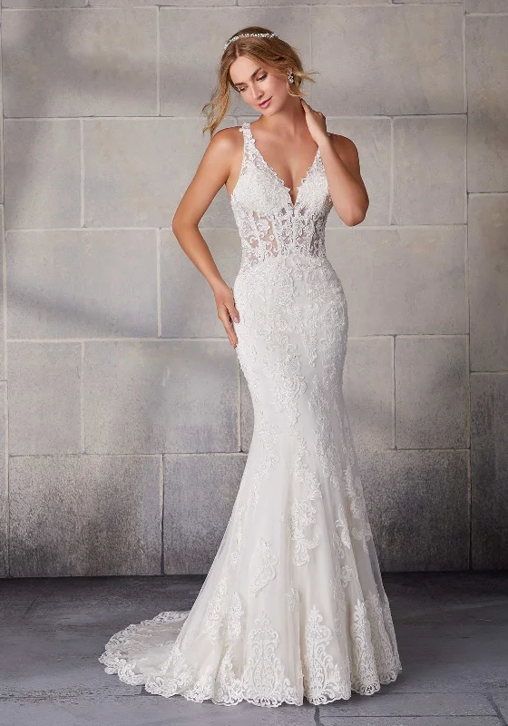 Wedding Dresses with Ruffled Hem and Bow at the Waist and Satin Ribbon and Embroidered Floral Patterns for a Sweet and Feminine LookMorilee Selma 2137 - Size 18 Wedding Dresses with Ruffled Hem and Bow at the Waist and Satin Ribbon and Embroidered Floral Patterns for a Sweet and Feminine LookMorilee Selma 2137 - Size 18