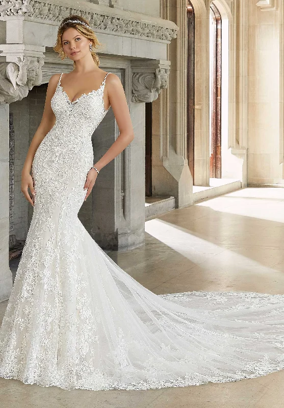 Wedding Dresses with Embroidered Stars and Sequined Dots and Sheer Sleeve and Belt for a Celestial and Playful LookMorilee Sigrid 2128 - Size 14 Wedding Dresses with Embroidered Stars and Sequined Dots and Sheer Sleeve and Belt for a Celestial and Playful LookMorilee Sigrid 2128 - Size 14