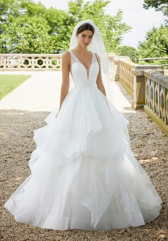 Wedding Dresses with Embroidered Birds and Sequined Floral Motifs and Satin and Lace Combo and Bow at the Waist for a Nature Inspired and Romantic LookMorilee Stella - Size 14 Wedding Dresses with Embroidered Birds and Sequined Floral Motifs and Satin and Lace Combo and Bow at the Waist for a Nature Inspired and Romantic LookMorilee Stella - Size 14