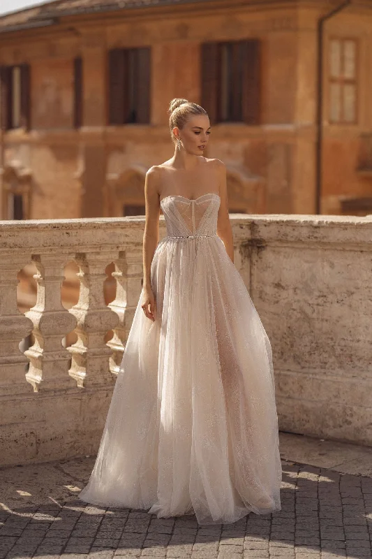 Wedding Dresses with Metallic Sequined Bodice and Chiffon Skirt and Sheer Back and Belt for a Glamorous and Sexy LookMuse by Berta 23-140 - Size 8
