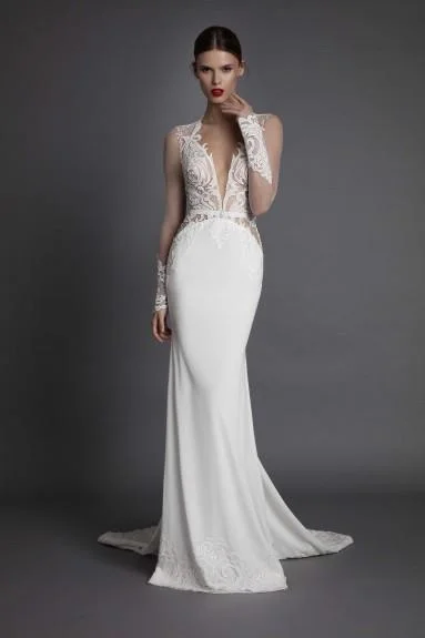 Wedding Dresses with Sequined Star Motifs and Sheer Sleeve and Ruffled Hem and Belt and Embroidered Floral Patterns for a Celestial and Flirty LookMuse by Berta Alana - Size 10 Wedding Dresses with Sequined Star Motifs and Sheer Sleeve and Ruffled Hem and Belt and Embroidered Floral Patterns for a Celestial and Flirty LookMuse by Berta Alana - Size 10