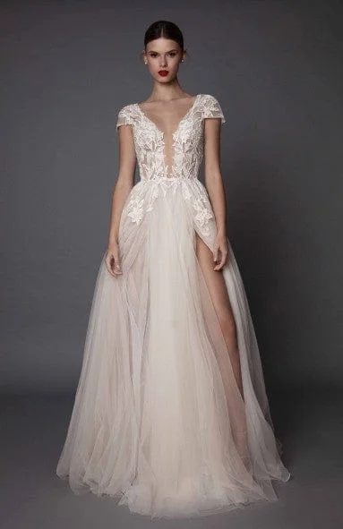 Wedding Dresses with Satin and Lace Trimmed Neckline and Ruffled Sleeves and Embroidered Skirt and Bow at the Back and Belt for a Sophisticated and Girly LookMuse by Berta Antonia - Size 10 Wedding Dresses with Satin and Lace Trimmed Neckline and Ruffled Sleeves and Embroidered Skirt and Bow at the Back and Belt for a Sophisticated and Girly LookMuse by Berta Antonia - Size 10