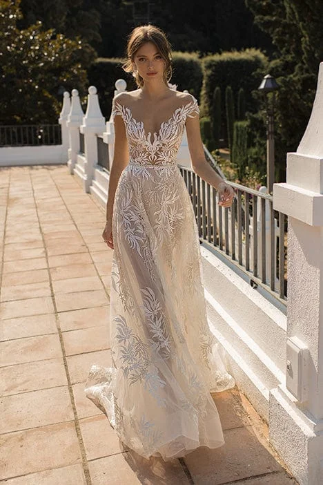 Wedding Dresses with Sequined Stripes and Sheer Back and Embroidered Birds and Belt and Embroidered Floral Patterns for a Bold and Nature Inspired LookMuse by Berta Daphne - Size 8 Wedding Dresses with Sequined Stripes and Sheer Back and Embroidered Birds and Belt and Embroidered Floral Patterns for a Bold and Nature Inspired LookMuse by Berta Daphne - Size 8