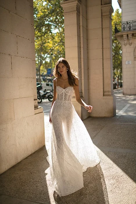Wedding Dresses with Lace Insertions on the Skirt and Beaded Waistband and Ruffled Hem and Bow at the Waist and Embroidered Floral Patterns for a Feminine and Flirty LookMuse by Berta Dominique - Size 4 Wedding Dresses with Lace Insertions on the Skirt and Beaded Waistband and Ruffled Hem and Bow at the Waist and Embroidered Floral Patterns for a Feminine and Flirty LookMuse by Berta Dominique - Size 4