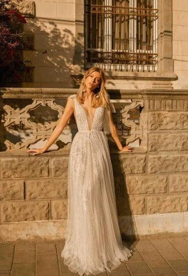Wedding Dresses with Embroidered Stars and Sequined Dots and Sheer Sleeve and Belt and Embroidered Floral Patterns for a Celestial and Playful LookMuse by Berta Eleanor - Size 6 Wedding Dresses with Embroidered Stars and Sequined Dots and Sheer Sleeve and Belt and Embroidered Floral Patterns for a Celestial and Playful LookMuse by Berta Eleanor - Size 6