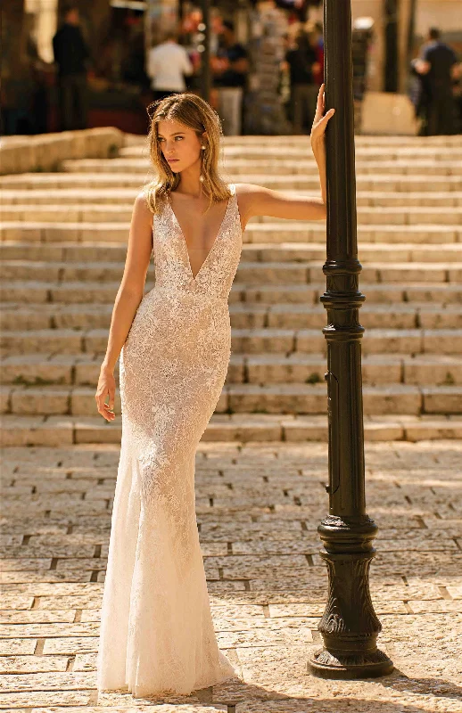 Wedding Dresses with Sheer Panels and Beaded Trim and Embroidered Paisley Patterns and Ruffled Hem and Belt and Embroidered Floral Patterns for a Sultry and Exotic LookMuse by Berta Emma - Size 6 Wedding Dresses with Sheer Panels and Beaded Trim and Embroidered Paisley Patterns and Ruffled Hem and Belt and Embroidered Floral Patterns for a Sultry and Exotic LookMuse by Berta Emma - Size 6