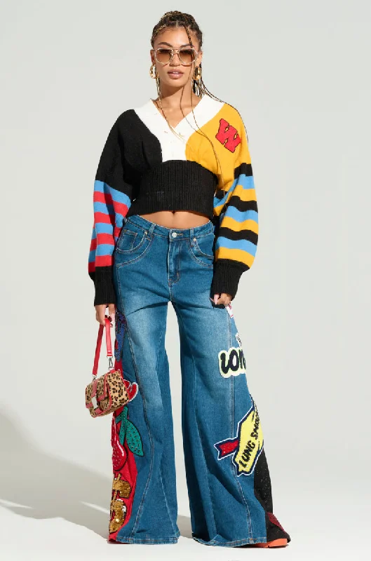 Denim jeans for tall women with extra - long inseams for a proper lengthNOT SORRY PATCHWORK DENIM JEANS
