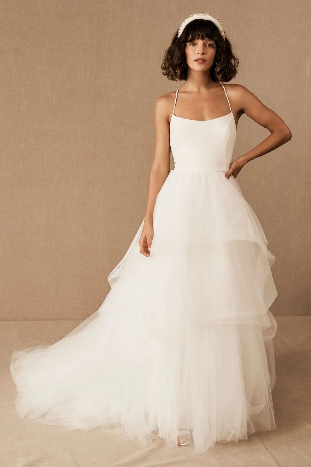 Wedding Dresses with Beaded Floral Wreath on the Bodice and Tulle Skirt and High Neck for a Delicate and Festive LookNouvelle Amsale Cera - Size 4