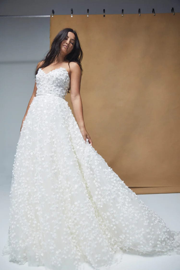 Wedding Dresses with Sheer Panels and Beaded Trim and Embroidered Paisley Patterns and Ruffled Hem and Belt for a Sultry and Exotic LookNouvelle Amsale Maddie - Size 14 Wedding Dresses with Sheer Panels and Beaded Trim and Embroidered Paisley Patterns and Ruffled Hem and Belt for a Sultry and Exotic LookNouvelle Amsale Maddie - Size 14