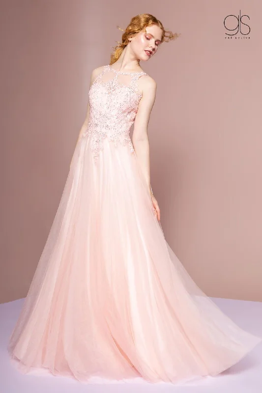 A Line Tulle Party Dresses for Ladies with Petite FiguresProm Long Sleeveless Plus Size Evening Gown