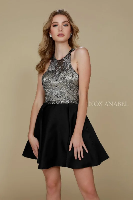 Party Dresses with Satin and Lace Trimmed Neckline and Ruffled Sleeves and Embroidered Skirt for Ladies' Sophisticated and Intricate LookShort Halter Neck Formal Cocktail Dress Party Dresses with Satin and Lace Trimmed Neckline and Ruffled Sleeves and Embroidered Skirt for Ladies' Sophisticated and Intricate LookShort Halter Neck Formal Cocktail Dress
