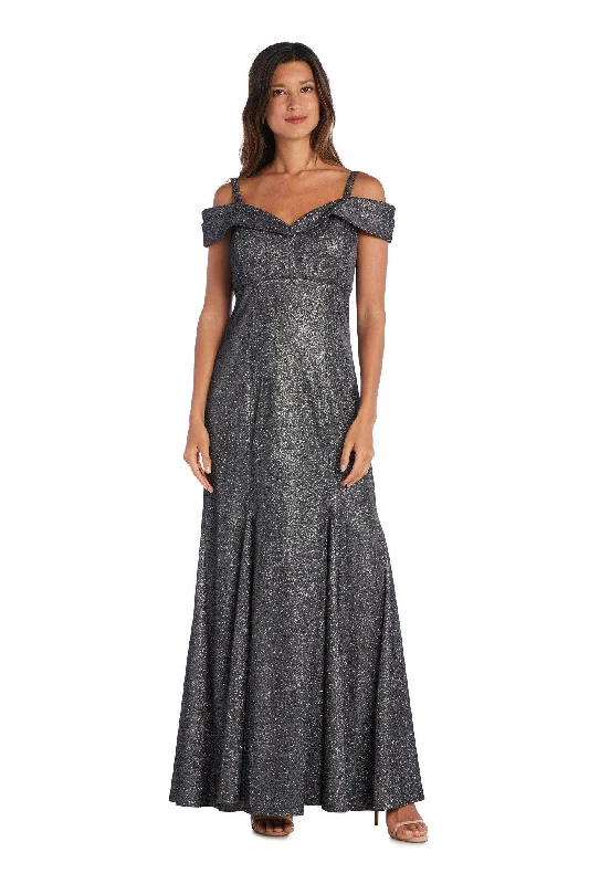 Party Dresses with Sequined Geometric Shapes and Lace and Chiffon Blend and Ruffled Sleeves for Ladies' Modern and Dramatic LookR&M Richards 5759 Evening Long Formal Metallic Dress