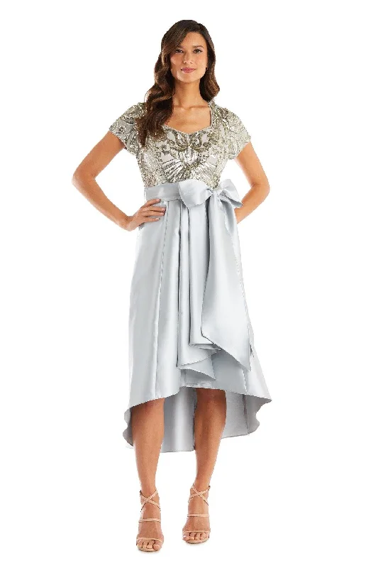 Party Dresses with Satin and Lace Trimmed Neckline and Ruffled Sleeves and Embroidered Skirt for Ladies' Sophisticated and Intricate LookR&M Richards 7136 High Low Beaded Bodice Short Sleeve Dress