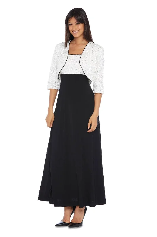 Party Dresses with Lace Insertions on the Skirt and Beaded Waistband and Ruffled Hem for Ladies' Feminine and Flirty LookR&M Richards 7786 Long Formal Bolero Lace Jacket Dress