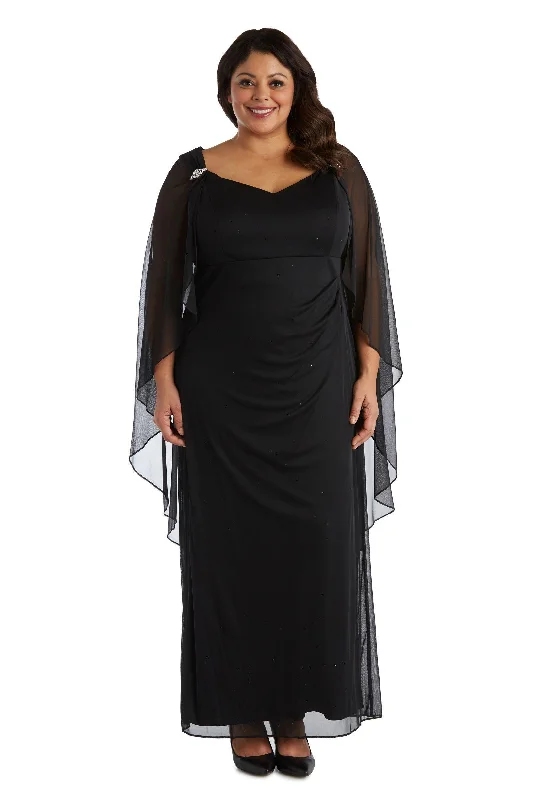 Party Dresses with Sheer Sleeve and Sequined Cuffs and Bow at the Waist and Embroidered Skirt for Ladies' Elegant and Intricate LookR&M Richards 2359W Long Plus Size Cape Gown