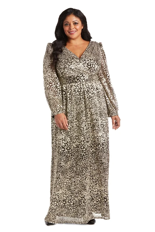 Party Dresses with Sheer Panels and Beaded Trim and Embroidered Paisley Patterns and Ruffled Hem for Ladies' Sultry and Exotic LookR&M Richards 2462W Long Plus Size Metallic Dress