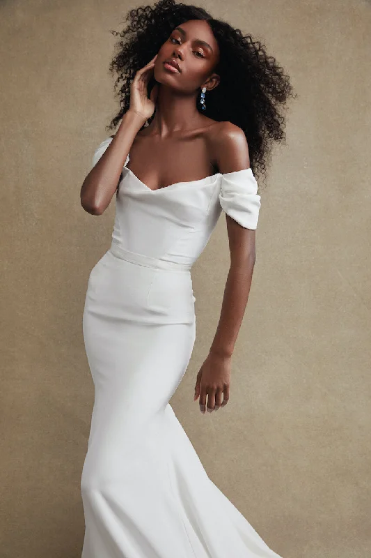 Long Train Wedding Dresses with Crystal Buttons and Lace Trim for a Grand EntranceSarah Seven Blake