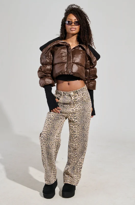 Vintage - inspired denim jeans with a worn - in and aged look for a nostalgic feelWILD CHILD LEOPARD PRINT DENIM JEANS