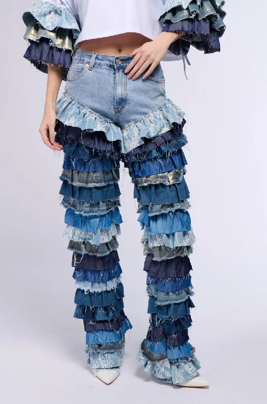 Denim jeans for a water sports activity like kayaking or stand - up paddleboardingWONDERLAND RUFFLED WIDE LEG DENIM JEAN