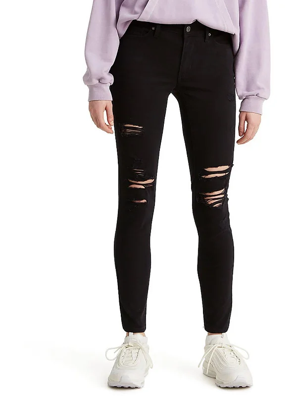 Embroidered denim wide leg pants for women in a unique and eye - catching style711 Womens Mid-Rise Distressed Skinny Jeans