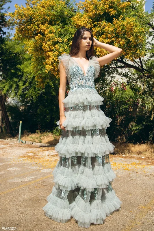 Party Dresses with Tulle Overlay and Beaded Bodice and High Low Hem for Ladies' Dramatic and Graceful LookAzzure Couture FM6002 Party Dresses with Tulle Overlay and Beaded Bodice and High Low Hem for Ladies' Dramatic and Graceful LookAzzure Couture FM6002