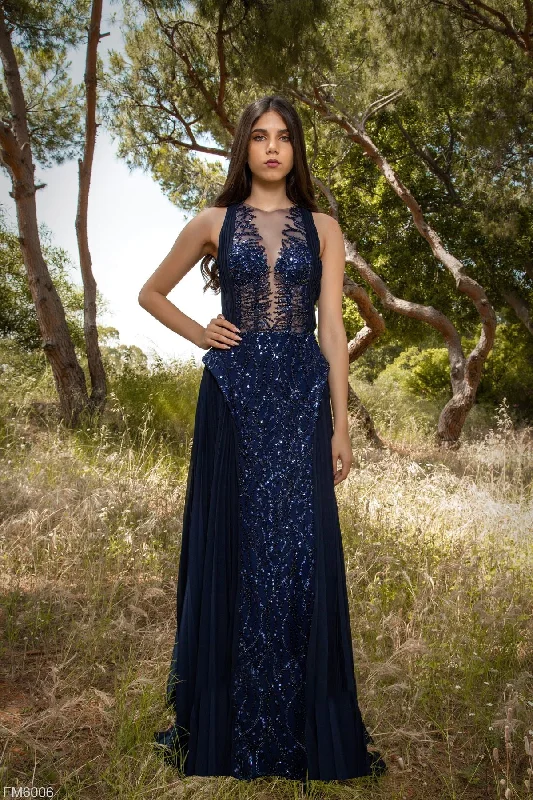 Party Dresses with Sheer Panels and Beaded Trim and Bow at the Back for Ladies' Sexy and Polished LookAzzure Couture FM6006