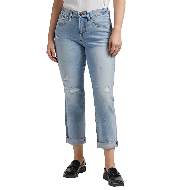 Patchwork pants for women in a unique designCarter Mid Rise Girlfriend Jean In Calm Blue