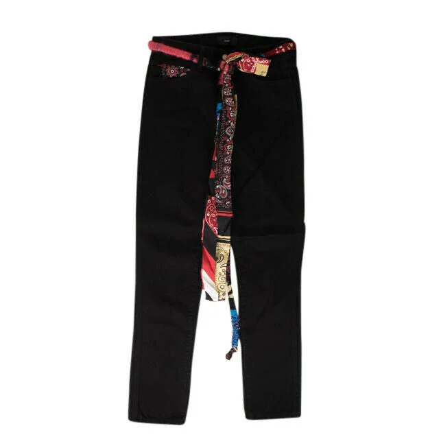 Patchwork wide leg denim pants for women in a creative and unique styleDenim Silk Bandana Skinny Jeans - Black
