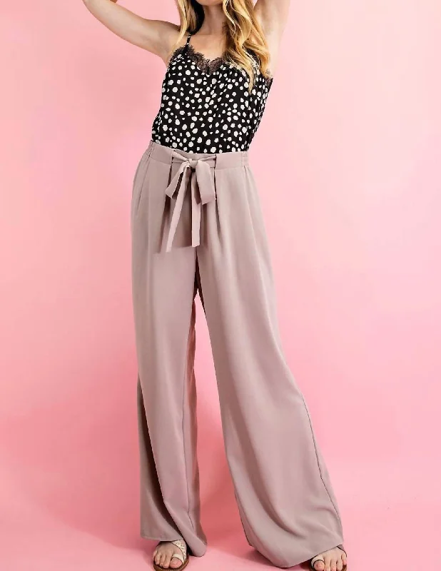 Embroidered wide leg linen pants for women in a natural and elegant styleEe:some Wide Leg Pants With Self Tie Belt In Taupe