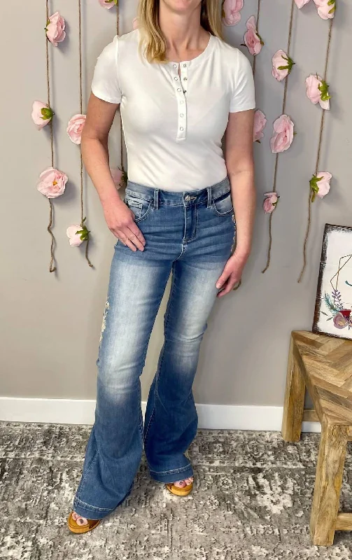 Wide leg linen blend pants for women in summerEmbroidered Flare Jean In Medium Wash