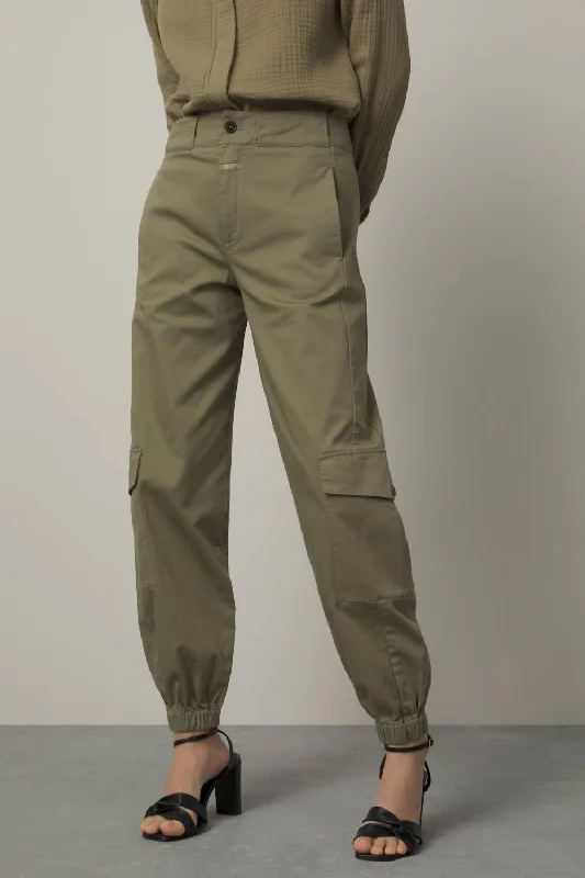 High waisted cargo pants with drawstring for women in a practical and adjustable styleErin Utility Pant In Green Umber