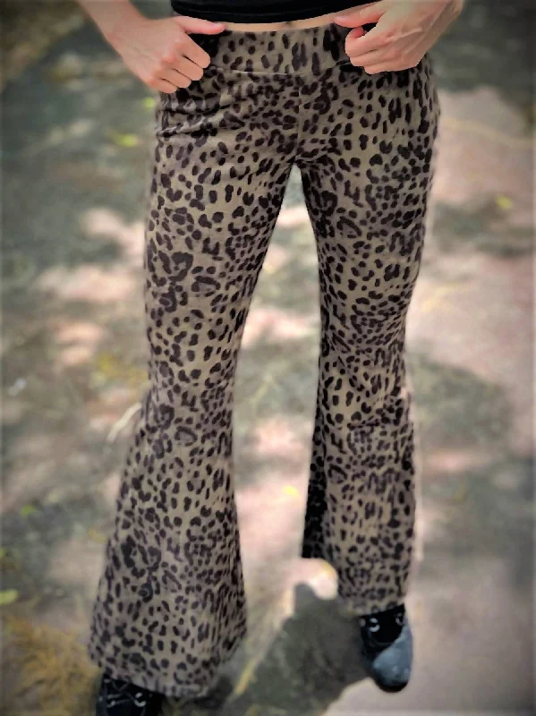 Trousers with side slits for women in a modern designFaux Suede Leopard Bell Bottom Pants In Leopard Print
