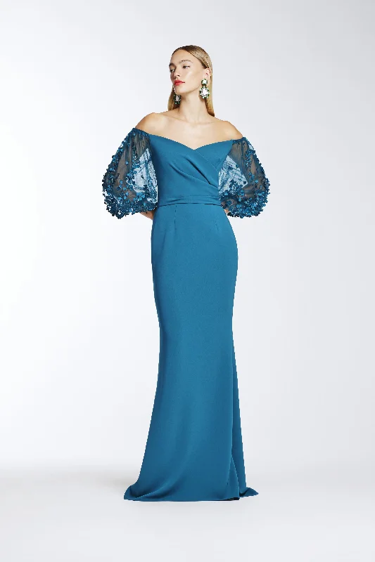 Party Dresses with Embroidered Birds and Sequined Floral Motifs and Satin and Lace Combo for Ladies' Nature Inspired and Romantic LookFrascara 4418 Party Dresses with Embroidered Birds and Sequined Floral Motifs and Satin and Lace Combo for Ladies' Nature Inspired and Romantic LookFrascara 4418